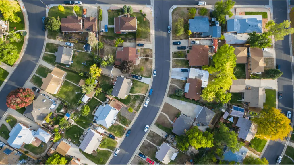 Aerial view of a Southern California neighborhood of single family homes