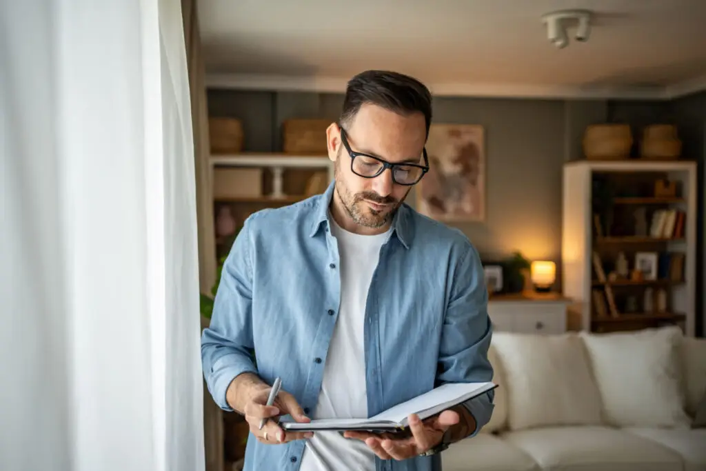 Self employed homebuyer reviewing business records in his living room